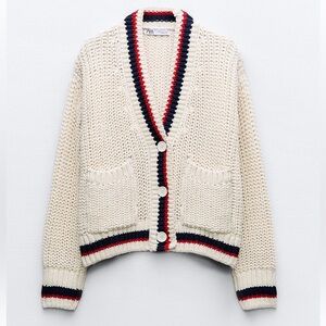 Zara heavy cable cardigan, brand new, cream with red and navy border, size S